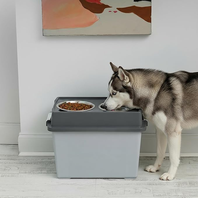 IRIS USA Elevated Dog Bowls, 15" H Raised Bowl for Large Dogs, Airtight Pet Food Storage Holds Up to 47 Lbs, 2 Removable 64 oz Stainless Steel Bowls, at Home or Camping, Dark Gray