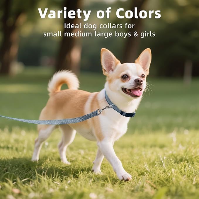 Reflective Dog Collar, Soft Neoprene Padded Nylon Pet Collar with Quick-Release Buckle, No-Choke Design Adjustable for Puppy Dogs,Grey,XS