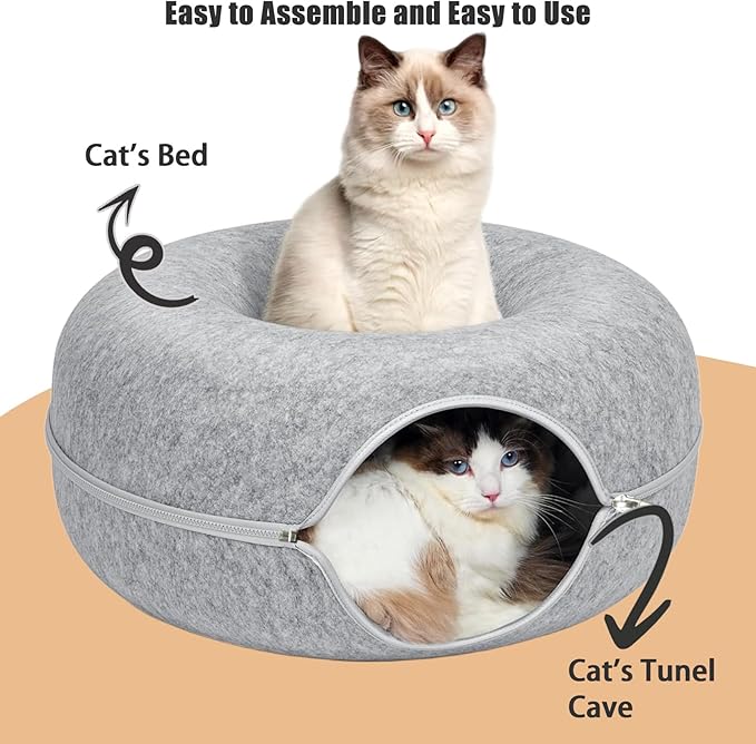 24inch-Tunnel Bed for Indoor,cattasaurus Peekaboo cat cave for Multiple,Detachable Felt Felt Washable Interior for Indoor Cats,Donut Tunnel (Light Gray)