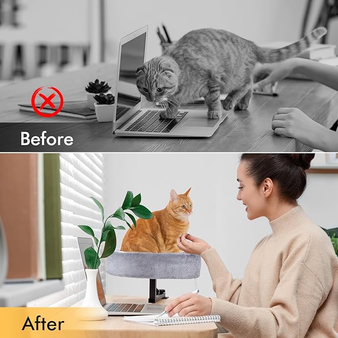 Cat Desk Bed - 360°Rotating & Adjustable, Supports Up to 44 lbs, Soft Faux Fur Fabric, Desk Cat Nest Bed Modern Indoor Cat Furniture for Office Desks and Game Tables, Island Table