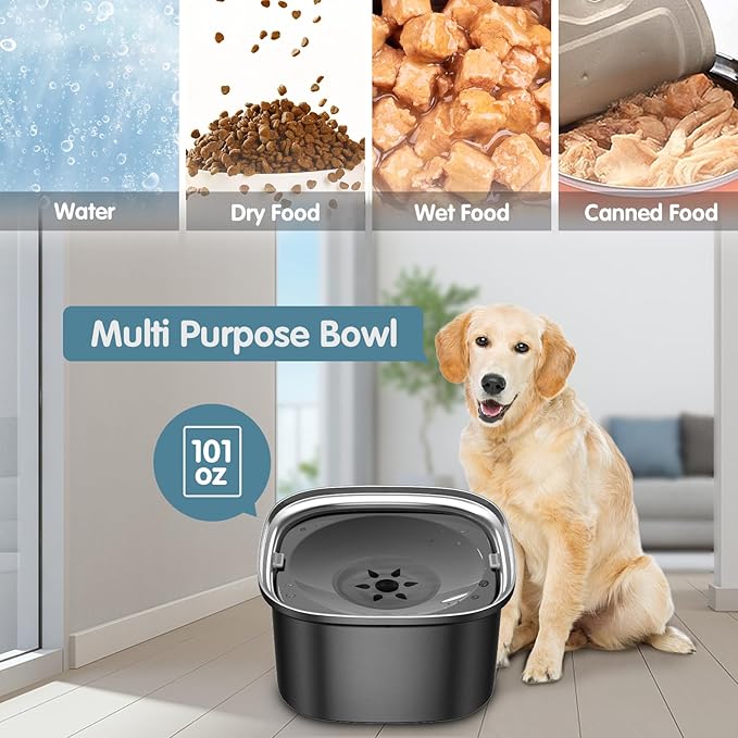 UPSKY 3L Dog Water Bowl 101oz Stainless Steel No Spill Large Capacity Dog Food Water Bowl Slow Water Feeder, Spill Proof Pet Water Dispenser Vehicle Carried Travel Water Bowls