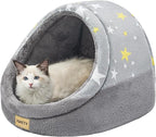 Jiupety Cat Beds for Indoor Cats, Cute Cat Cave Bed and Kitten Bed, Large Cat Cave and Covered Cat Bed with Anti-Slip Bottom, Washable Removable Cushion, M(16"x16"x13"), Gray Star.