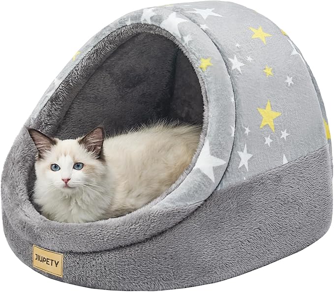 Jiupety Cat Beds for Indoor Cats, Cute Cat Cave Bed and Kitten Bed, Large Cat Cave and Covered Cat Bed with Anti-Slip Bottom, Washable Removable Cushion, M(16"x16"x13"), Gray Star.