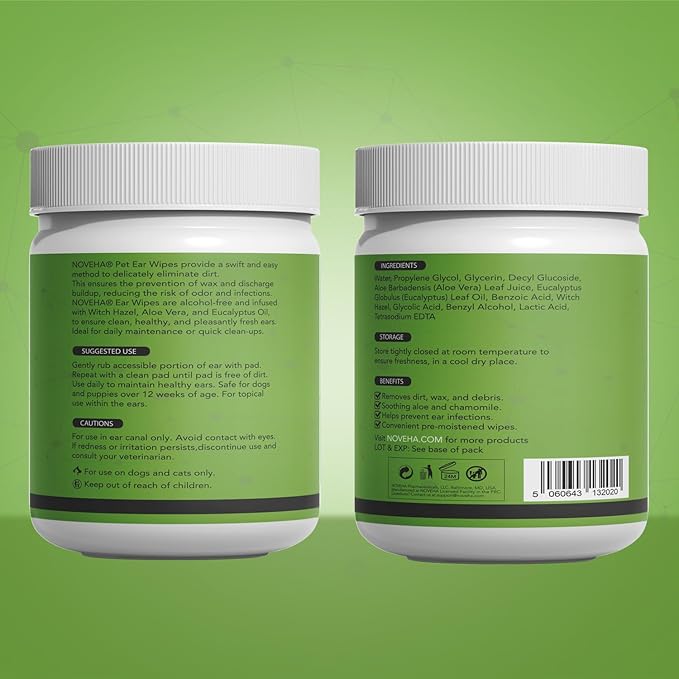 NOVEHA - Dog Ear Cleaner Wipes, Daily Ear Cleaner for Dogs & Cats - Stop Ear Itching with Aloe, Eucalyptus & Witch Hazel Ear Wipes for Dogs - for Odor Control, Dirt and Wax Removal, Unscented (150 Ct)