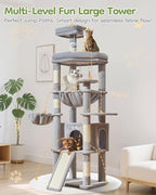 Taoqimiao 72 Inches Cat Tree for Large Cats, Multi-Level Tall Cat Tower, Widened Cat Condo with Large Scratch Board, 5 Scratching Posts, Metal Hammcock, Cozy Basket, Light Gray, MS045W