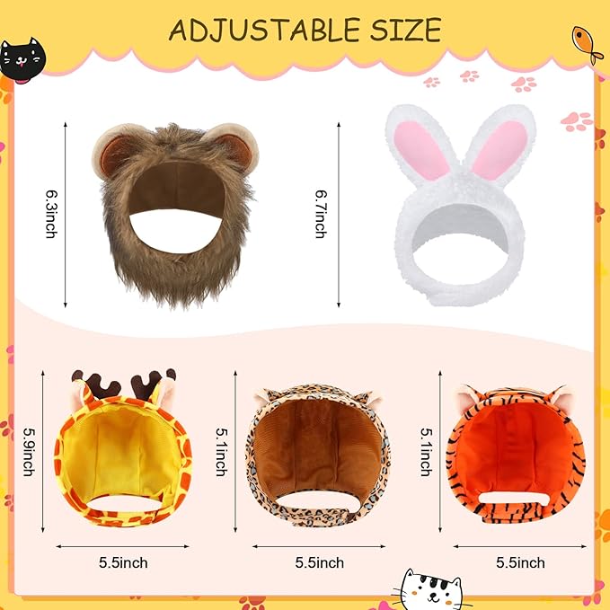 Weewooday 5 Pcs Cat Adorable Costume Bunny Hat with Ears Funny Mane Cat Hat for Pets and Small Dogs Kitten Puppy Party Costume Accessory Headwear(Rabbit, Lion, Leopard, Tiger, Giraffe)