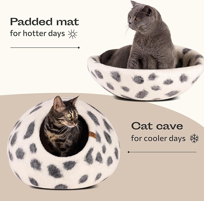 MEOWFIA Cat Cave – Premium Felt Cat Bed for Indoor Cats, Handmade 100% Merino Wool (Vivid Shades) (Medium, Snow Leopard)