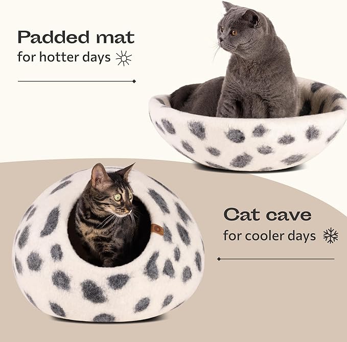 MEOWFIA Cat Cave – Premium Felt Cat Bed for Indoor Cats, Handmade 100% Merino Wool (Vivid Shades) (Large, Snow Leopard)