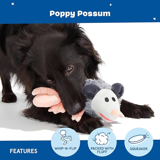 Barkbox Poppy Possum Dog Toy – Plush Squeaky Toy with Whip-N-Flip Tail & Fluffy Filling – Interactive Plush Fun for Dogs Who Love to Thrash & Play