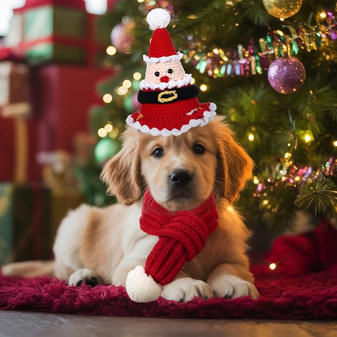 2 Pcs Cat Christmas Costume Cat Santa Hats with Scarf Pet Hat Scarf Set Pet Christmas Outfit Party Costume Supplies for Cats Small Dogs Puppy Accessories(Red,Santa Claus Style)