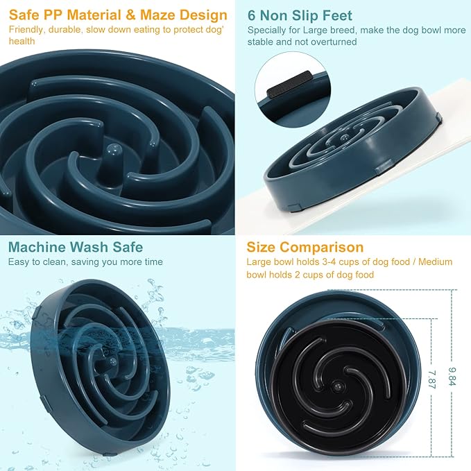 Blue Slow Feeder Maze Puzzle Bowl - Large Dog Non Slip Food Feeding Dishes for Medium Dogs, Interactive, Bloat Stop, Choking Prevention, Healthy
