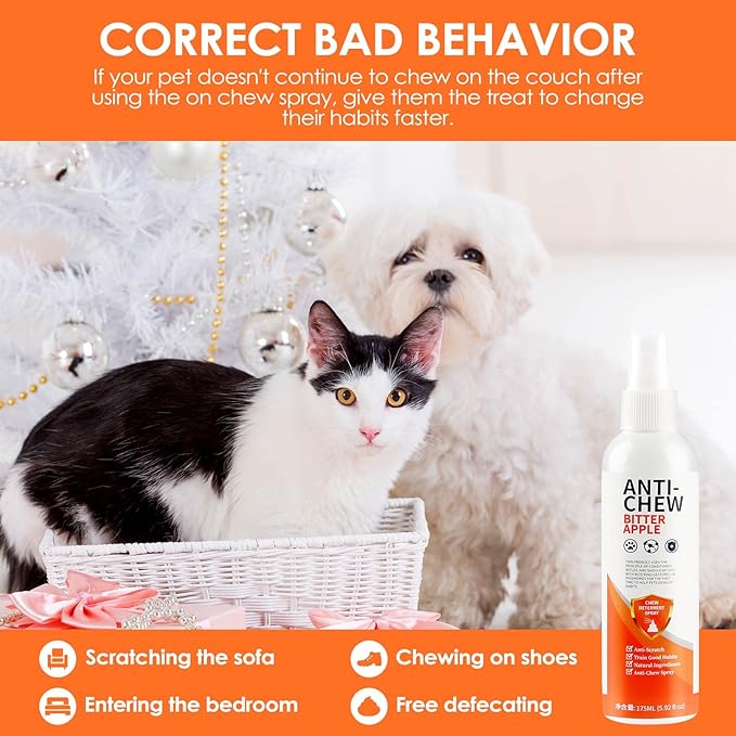 Bitter Apple Spray for Dogs to Stop Chewing, 175ML Effective Dog & Cat Deterrent Spray for Furniture, Plants, Floor, Safe No Chew Spray for Dogs to Easily Create Restricted Areas Orange