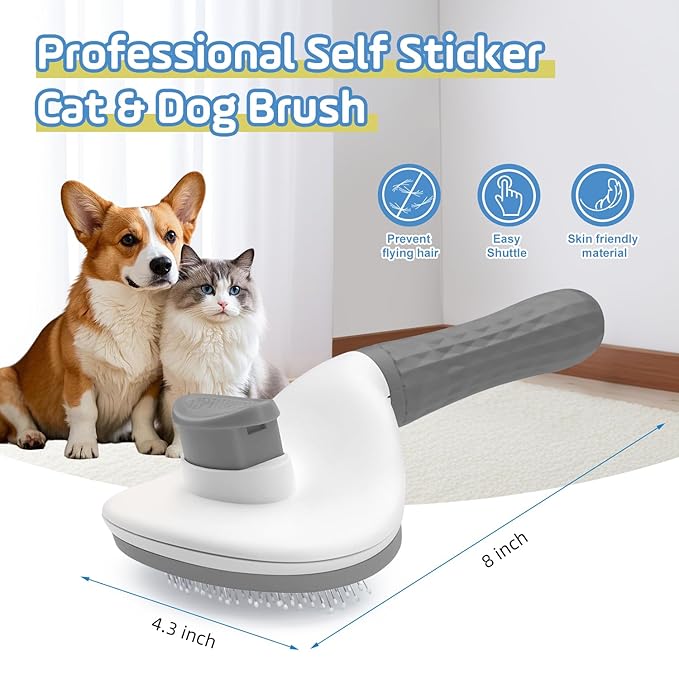 Cat Brush for Shedding,Self Cleaning Dog Brush for Shedding,Skin Friendly Cat Brushes for Indoor Cats Grooming Massage,Dog Slicker Brush for Cats Loose Fur Long&Short Hair Removal Grey