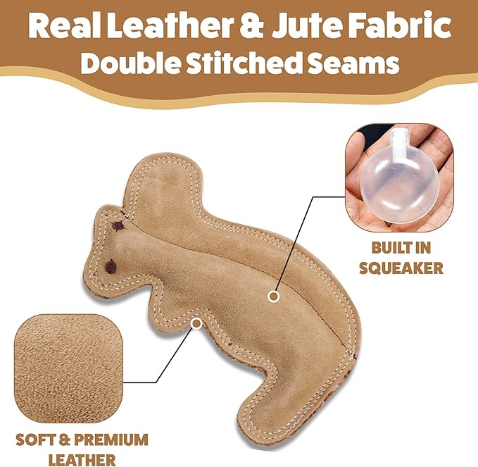SPOT Dura-Fused Leather Squirrel Dog Toy – Real Leather & Jute Fabric, Double-Stitched & Durable, Soft Stuffed Squeaky Interactive Chew Toy for Moderate Chewers, Small & Medium Dogs, 8in