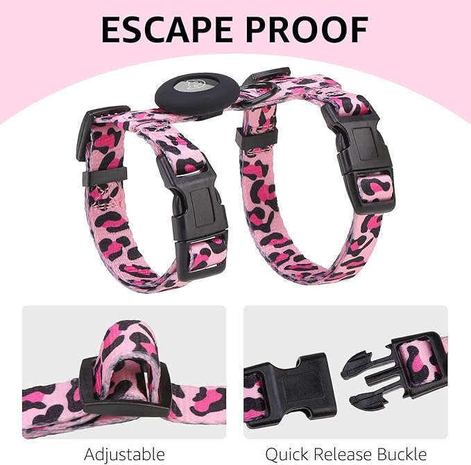 SCENEREAL Adjustable Cat Harness and Leash Set with AirTag Holder, Escape-Proof Design for Small to Large Cats, Lightweight Soft Travel Harness, Pink Leopard