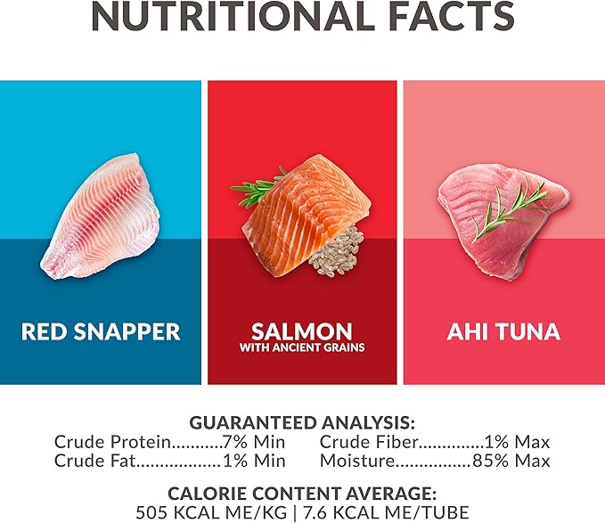 Lickable Cat Treats Exotic Fish Variety Pack 12ct - Ahi Tuna, Wild Pink Salmon, Red Snapper - Puree Bisque