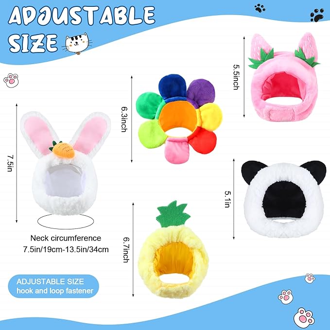 Weewooday 5 Pcs Cat Adorable Costume Bunny Hat with Ears Funny Mane Cat Hat for Pets and Small Dogs Kitten Puppy Party Costume Accessory Headwear(Panda, Rabbit, Pineapple, Strawberry, Flower)