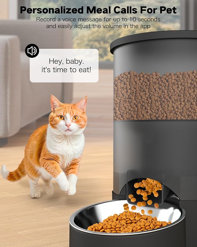 SURDY Automatic Cat Feeder for 2 Cats, 3L Food Dispenser Auto Cat Feeder with 2 Stainless Bowls, 10s Meal Call Dual Power Supply and Timer Setting 12 Portions 6 Meals Per Day for Cats and Dogs