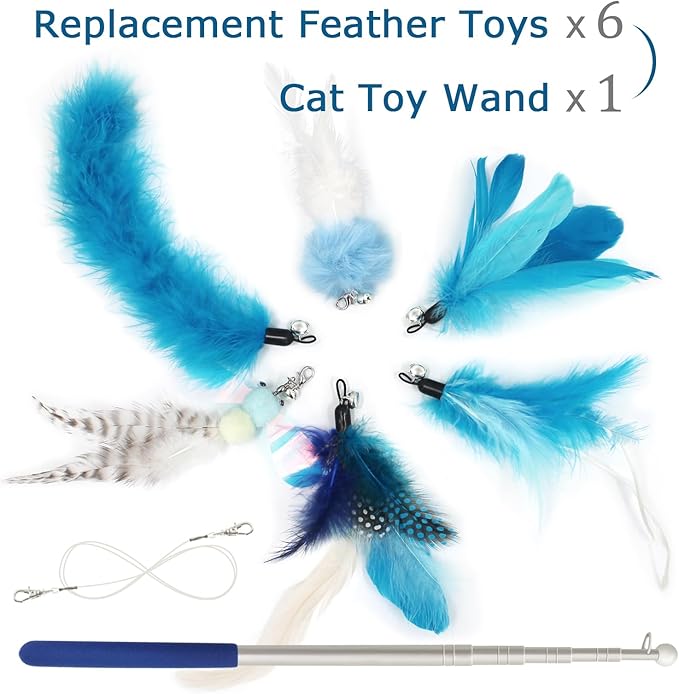 SONGWAY Cat Feather Toys Wand - 7 Pcs Interactive Cat Toys for Indoor Cat Kitten, Retractable Cat Wand Toy with 6 Feather Teaser Refills with Bell, Cat Fishing Pole Toy, Blue
