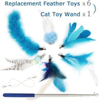 SONGWAY Cat Feather Toys Wand - 7 Pcs Interactive Cat Toys for Indoor Cat Kitten, Retractable Cat Wand Toy with 6 Feather Teaser Refills with Bell, Cat Fishing Pole Toy, Blue