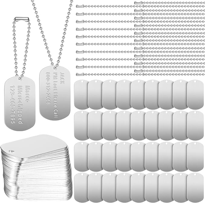 Yinkin 200 Pcs Personalized Military Dog Tags Set Including 100 Pcs Aluminum Blank Dog Tags for Engraving 100 Ball Steel Chain Rectangle Metal Blank Stamping Label for DIY Craft(Silver)