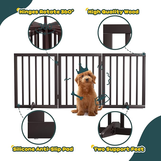 Semiocthome Free Standing Pet Gates for Dog Indoor, 3-Panel Puppy Gates for The House with 2PCS Support Feet, 24“(H) Folding Dog Gate for Stairs Expands Up to 55" (W) No Installation Resquired- Brown