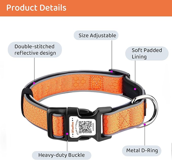 Personalized Dog Collar with QR Code tag for pet ID, Reflective Safety Collar, Suitable for Small, Medium, and Large Dogs (Orange, Large)