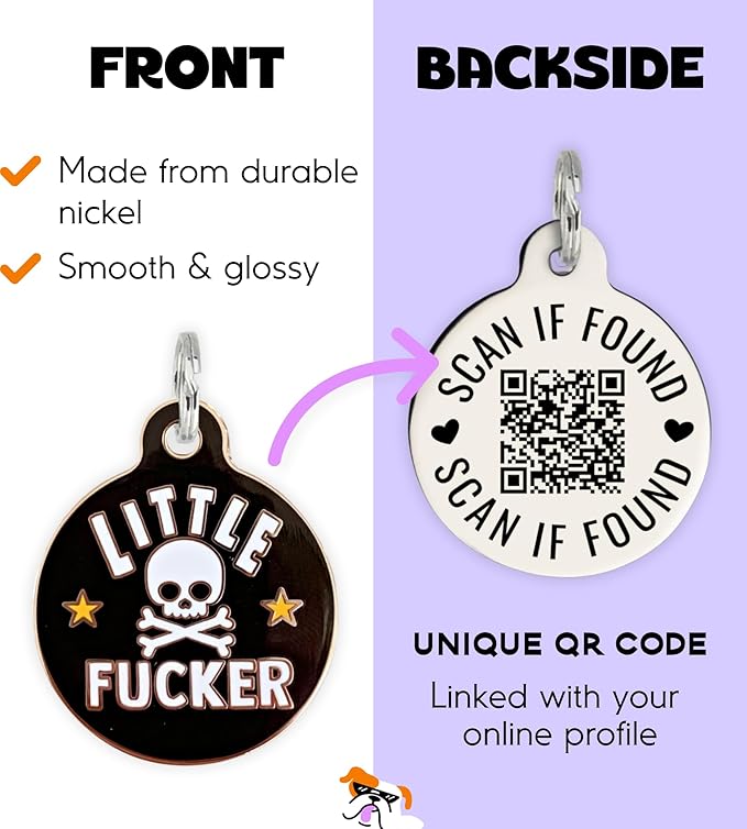 Personalized QR Code Dog Tags - Choose from 25+ Tag Designs - QR Code Links to Your Profile - Unique, Cute, Funny, Sassy Pet ID Tag (Little F*cker, Large (1.25 inch))
