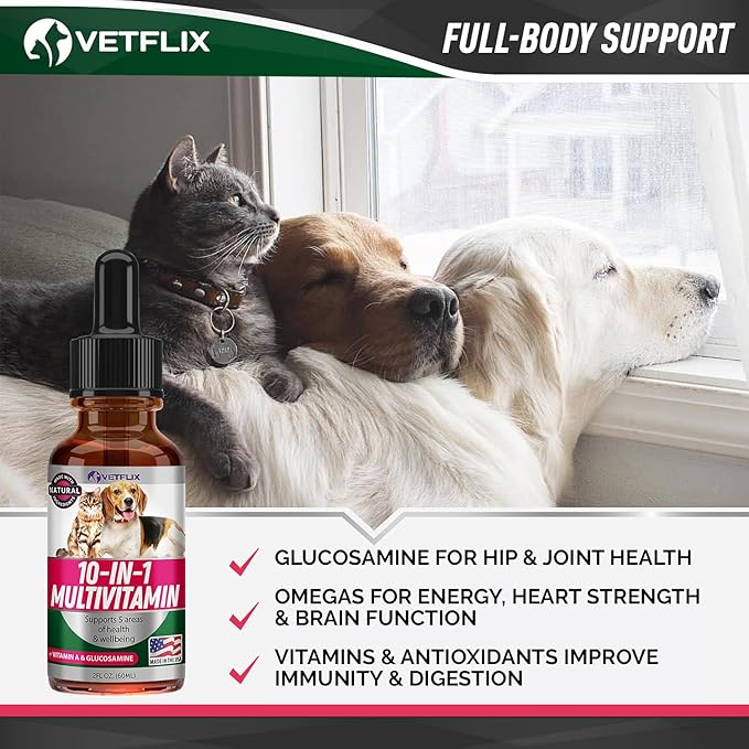 10-in-1 Pet Vitamins for Dogs & Cats - Made in USA - Glucosamine & Multivitamin Supplement - Joint, Immune & Skin Health Support - All Ages & Breeds - 2 Fl Oz