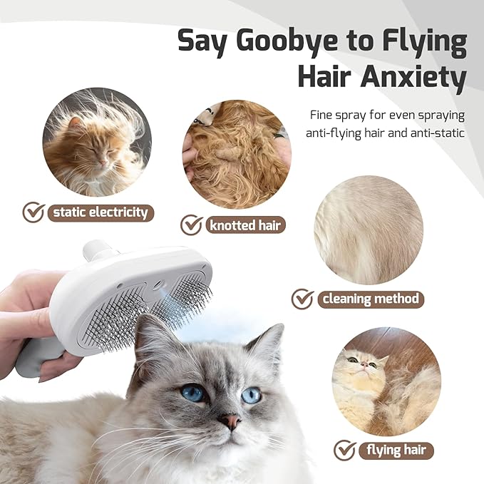 Cat Steam Brush for Shedding, 3 In 1 Steam Pet Brush Self Cleaning, Dog Brush for Long and Short Hair Dogs and Cats, Pet Grooming Comb Remove Tangled Loose Hair, Type-C Fast Charging (White)