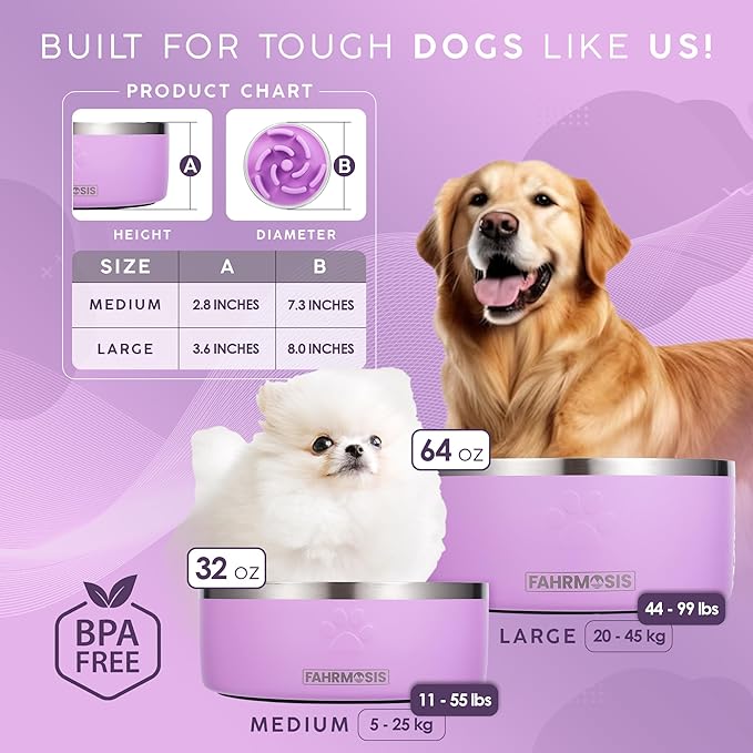 32 Oz Dog Bowl with Slow Feeder Insert Stainless Steel Pet Water Bowl for Medium & Large Breed Non Slip Rubber Base & Plastic Puzzle Feeder - Lavender