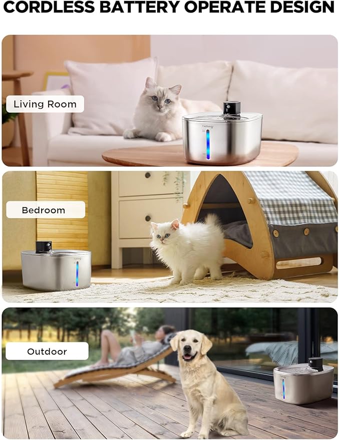 Cordless Cat Water Fountain, Battery Operated, 4L/135fl oz Stainless Steel Pet Water Fountain for Cats Dogs with Motion Sensor, Ultra Quiet Cat Drinking Fountain with 6 Filters (YPD-C004S)