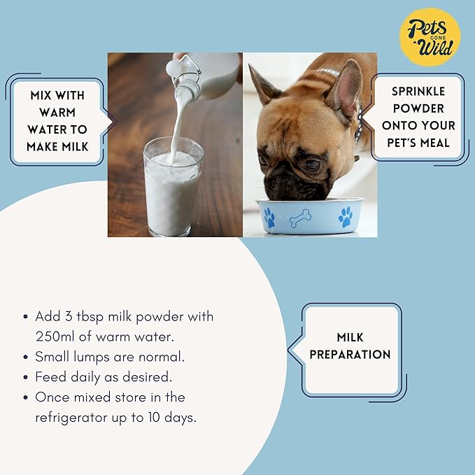 Pets Gone Wild Goat Milk Powder, Non-GMO, Picky Eater Friendly, Liquid Gold High Protein Supplement for Gut Health, Immunity & Hydration Ideal as Milk or Food Topper, Made in Canada