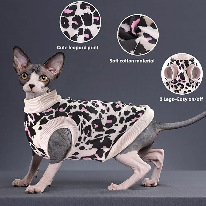 Idepet Cat Clothes Kitten Sweater Soft Kitten Shirt Cute Leopard Print Kitty Vest Pullover Pajamas Jumpsuit Cotton Apparel for Hairless Cats & Puppy (Pink,XL)