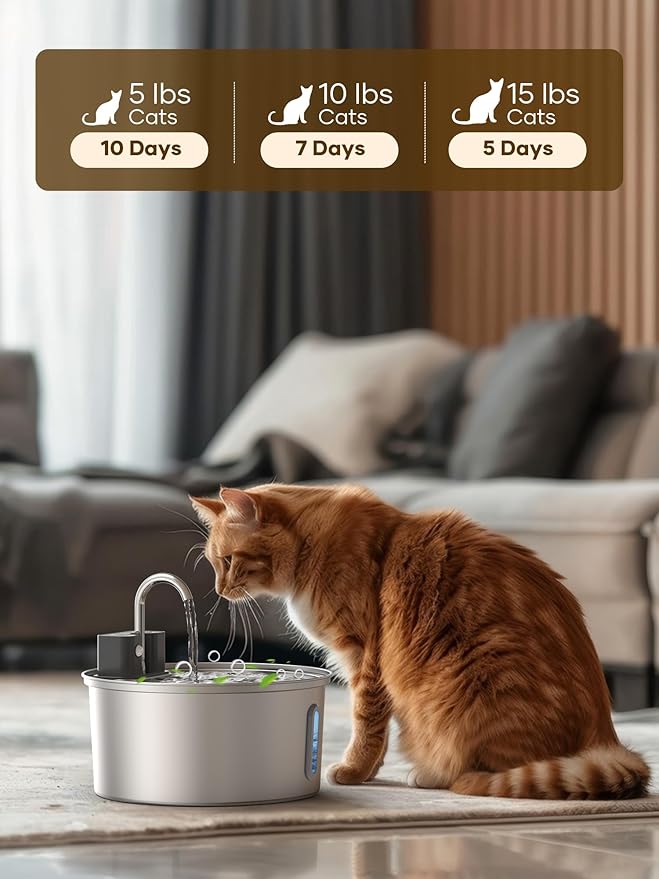 Wireless Cat Water Fountain 10Pcs Filters - 108oz/3.2L Automatic Cat Water Fountain Cordless, Stainless Steel Battery Operated Pet Fountain Rechargeable Water Dispenser for Cats, Dogs, Multiple Pets