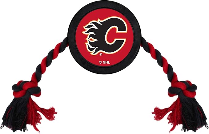 Pets First NHL Calgary Flames Puck Toy for Dogs & Cats. Play Hockey with Your Pet with This Licensed Dog Tough Toy Reward!