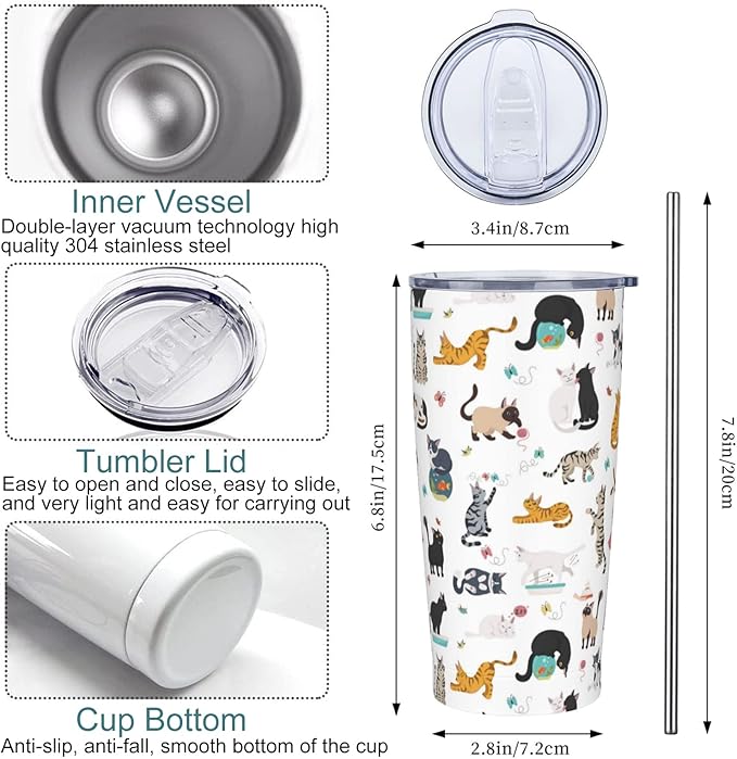Cat Tumbler With Lid and Straw, 20 Oz Stainless Steel Insulated Water Bottle Coffee Mug, Gifts for Cat Lovers