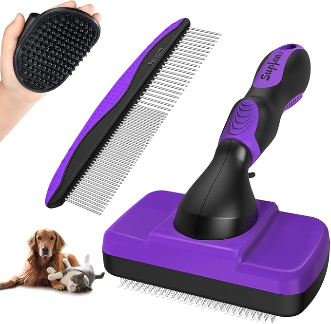 3PCS Dog Grooming Kit - Deshedding Dog Brush, Self Cleaning Slicker Brush, Bath Brush and Comb, Suitable for Hair Removal and Bathing of Dogs & Cats (Purple Black)