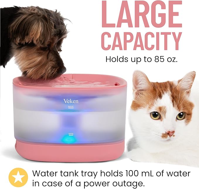 Veken Cat Water Fountain with Detachable Tank, Easy to Clean & Assemble, 84oz/2.5L Automatic Pet Drinking Dispenser with Quiet Operation & LED Light for Cats, Dogs and Small Pets, Red