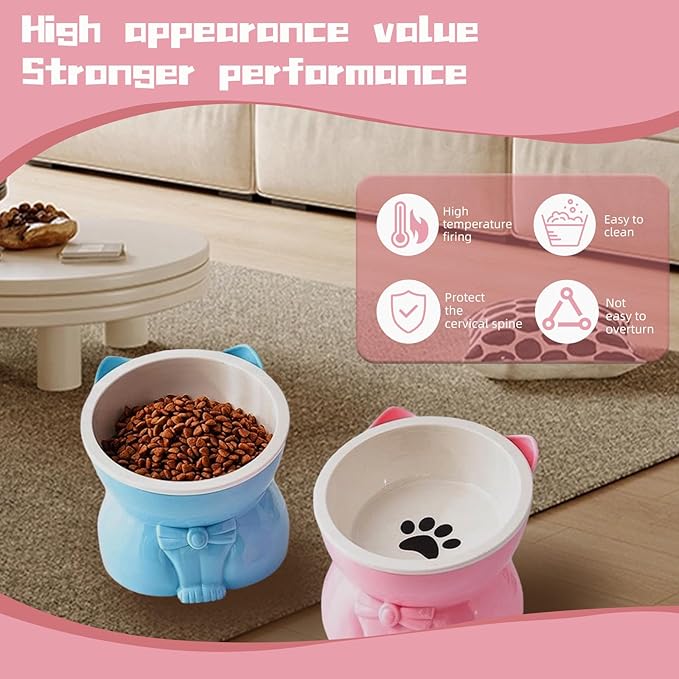 Ceramic Raised Cat Bowl 5 Inch - Tilted Anti-Vomiting & Whisker Fatigue Relief for Indoor Cats, Elevated Food Bowl for Small Dogs & Kittens, Blue