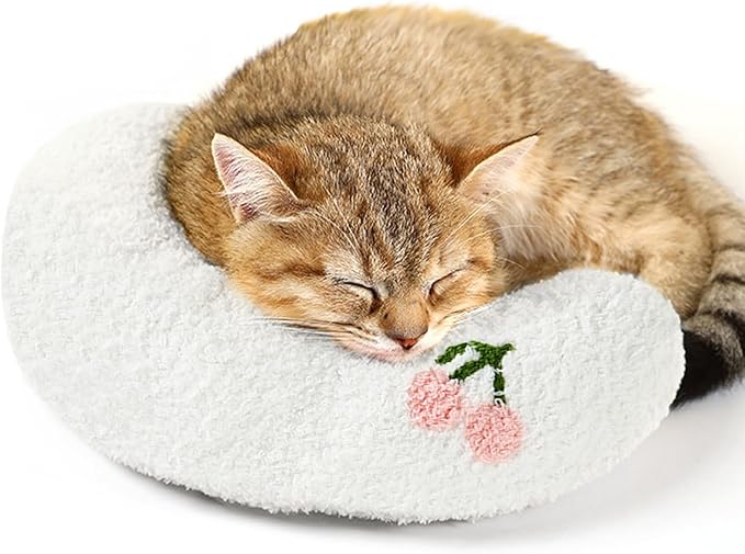 Cat Pillows for Indoor Cats, Soft Fluffy Dog Calming Pillow, Little Dog Pillows, U Shaped Half Donut Cuddler with Cute Embroidery, Washable Neck Protector Pillows for Small Dogs and Cats (white)