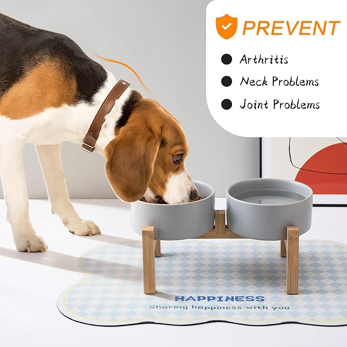 Raised Ceramic Dog Bowl Set - Elevated Dog Bowls with Non Slip Bamboo Stand, Food and Water Bowl Set for Small and Medium Breed Dogs, Pet Bowls, Weighted Dogs Dishes (6'', 2 * 30OZ, Grey)
