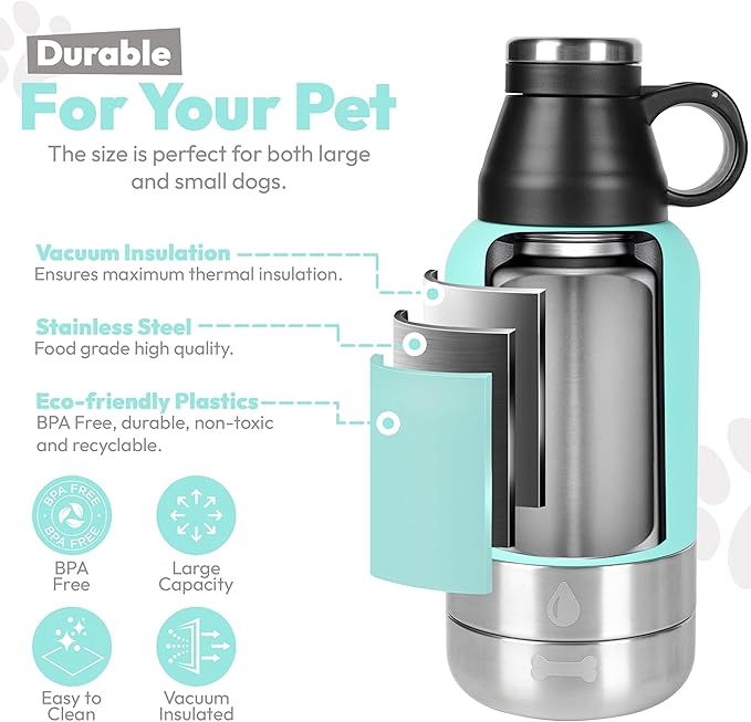Stainless Steel Insulated Water Bottle with 2 Removable Water Bowls for Dogs – Leak-Proof Portable Dog Water Bottle - Travel Accessories for Dogs - 32oz - Teal