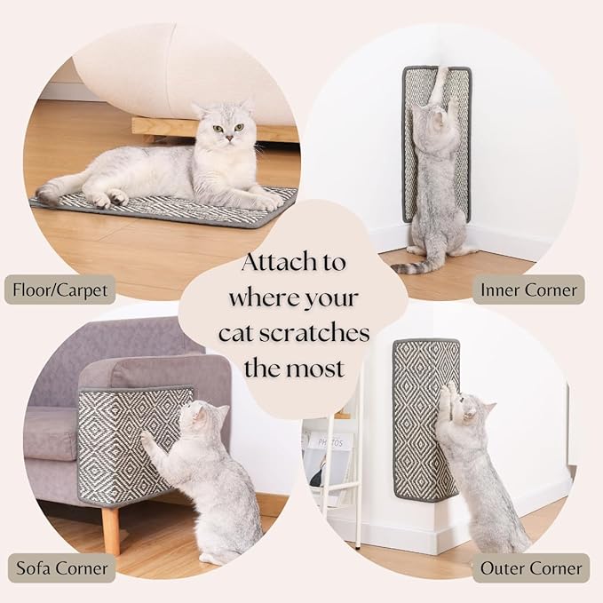 Boho Sisal Cat Scratcher Mat with Adhesive Strips (Scratch Protector for Carpet, Sofa, Wall, Corner Furniture), Durable and Shedding-Resistant Cat Scratching Surface (13x21.7 inch, Fishbone)