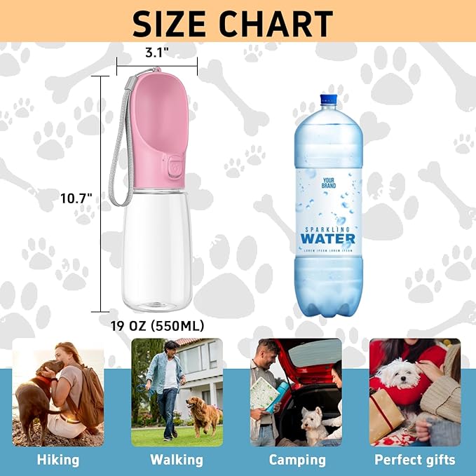Portable Dog Water Bottle with Bowl, Leak Proof, Convenient for Walking, Hiking and Camping (Pink, 19oz)