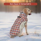 FUAMEY Dog Coat for Large Dogs,Waterproof Dog Winter Jacket with Harness Built in Puppy Cold Weather Coats Reflective Pet Vest with Zipper Warm Fleece Dogs Snowsuit Windproof Red Plaid XL