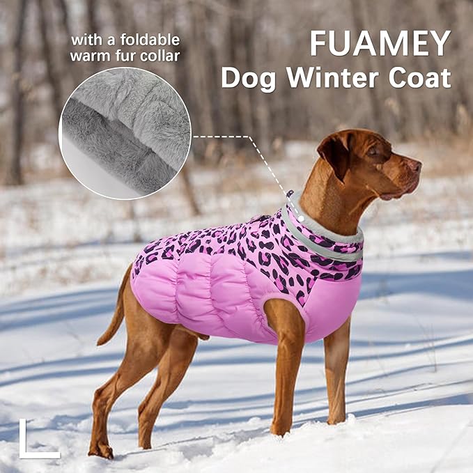 FUAMEY Dog Coat for Small Dogs,Waterproof Dog Winter Jacket with Harness Built in Puppy Cold Weather Coats Reflective Pet Vest with Zipper Warm Fleece Dogs Snowsuit Windproof Pink Leopard S