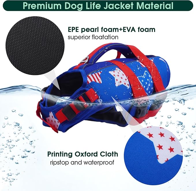 Kuoser Dog Life Jacket High Flotation, American Flag Dogs Life Vest for Swim Boating Independence Day Dog lifejacket with Reflective & Rescue Handle, Adjustable Doggy Life Preserver for Large Dogs 2XL
