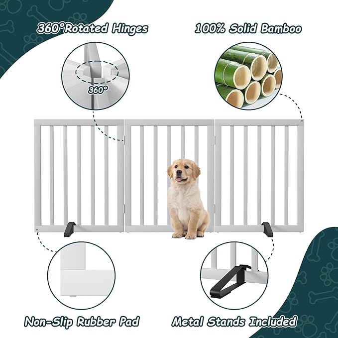 Semiocthome Bamboo Freestanding Dog Gates for Doorways,3-Panel Indoor Puppy Gates for the House with 2 Metal Stands,24"H Folding Pet Gate for Stairs Expands Up to 55"W Fully Assembled Stair Gate White