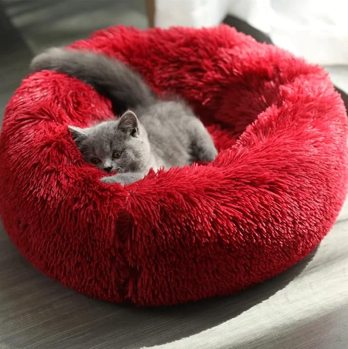 Cat Beds for Indoor Cats - Cat Bed Washable 20 inches, Dog Beds for Small Medium Dogs, Anti Anxiety Round Fluffy Plush Faux Fur Cat Bed, Thick Bottom (Wine, Medium)